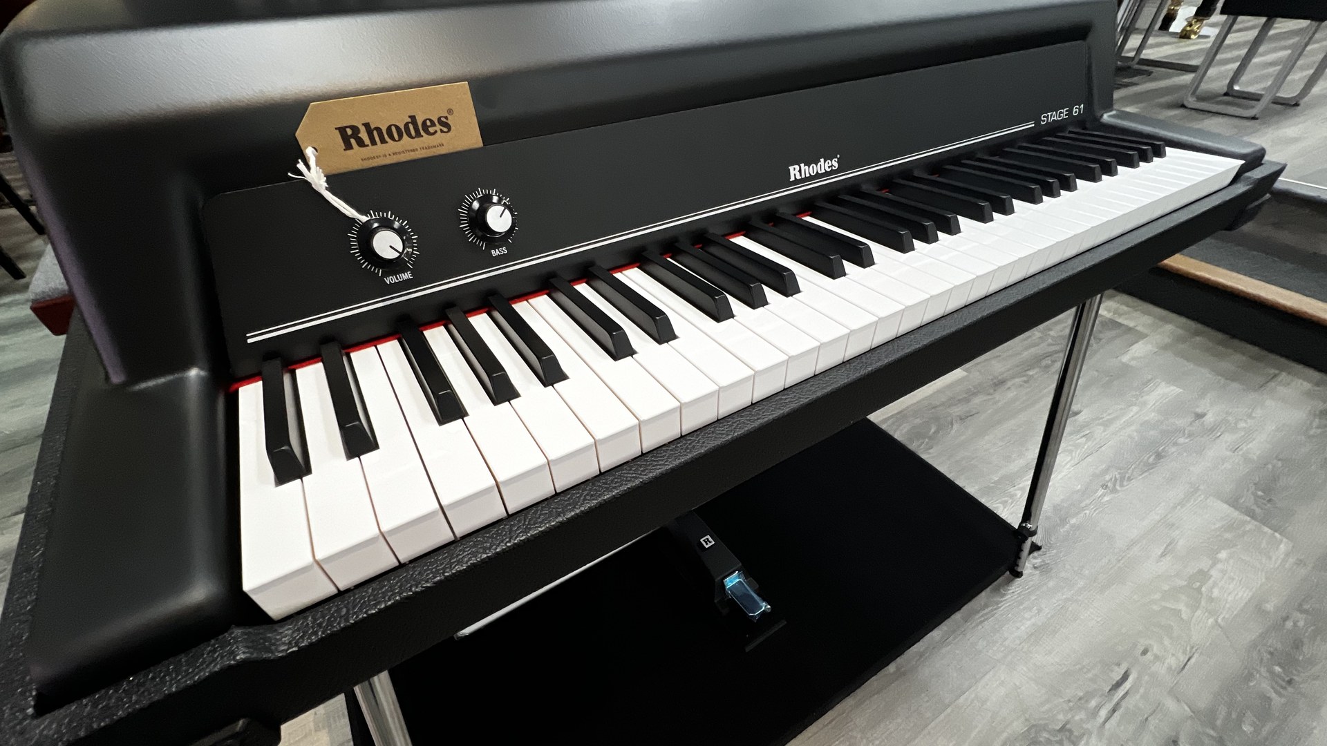 Close view of the Rhodes Stage 61 keybed and control section